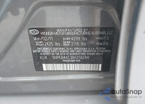 2011 Hyundai Sonata Gls из США, поврежденный, VIN 5NPEB4AC3BH258244